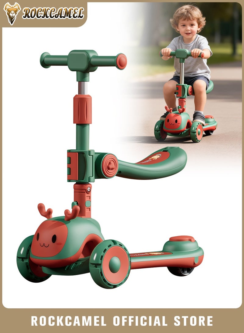 ROCKCAMEL 2 in 1 Kids Kick Scooter, Foldable Scooter with LED Lighted Wheels and 4-Level Adjustable Height Handlebars, Widen Anti-Slip Deck, Sensitive Brakes, Kids Toys for Boys & Girls Ages 1-12, Green - Image 1